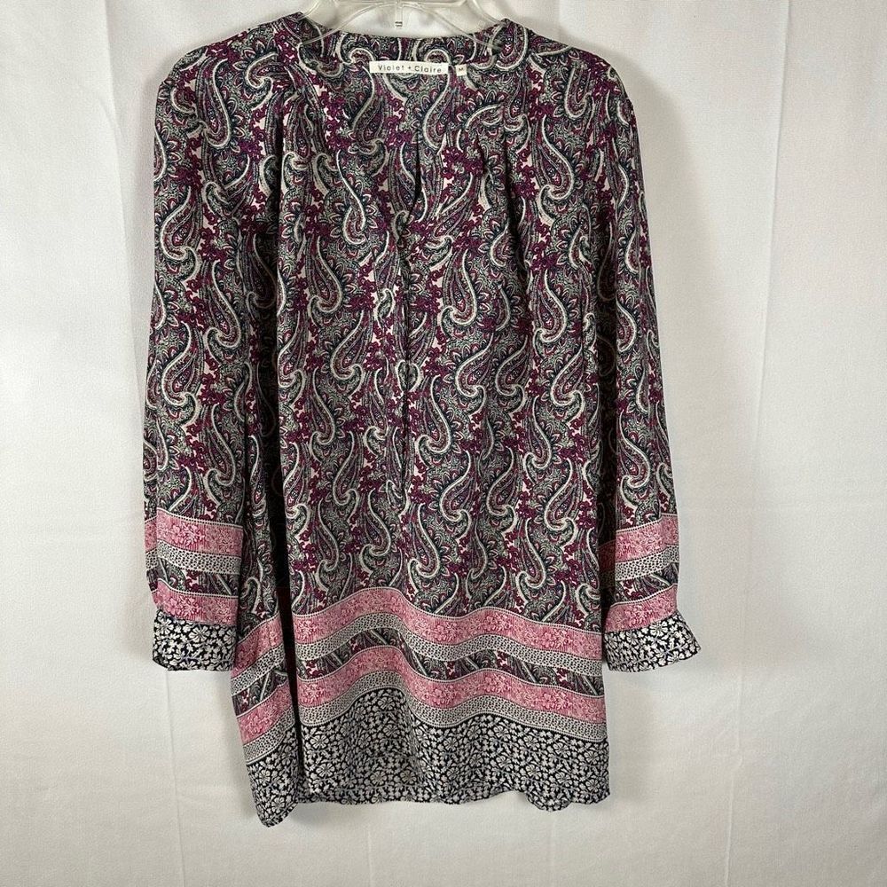 Violet & Claire Paisley Print Tunic Floral Border Lightweight 3/4 Sleeve Pink M